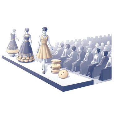 A large runway set up for a fashion show. Models walk down the catwalk wearing outfits that are intricately designed using various types of biscuits. One model's dress consists of stacked round biscuits, creating a tiered effect, while another wears a gown adorned with biscuit patterns that mimic floral designs. The accessories are also made from biscuits, with necklaces and headpieces showcasing elaborate biscuit craftsmanship. The atmosphere is lively, with an audience seated on either side of the runway, all focused on the unique biscuit-inspired fashion.