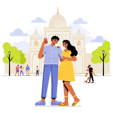 A mixed-race couple stands in front of a well-known landmark, taking photos with a smartphone. The man has short curly hair and is wearing a light blue shirt and jeans. The woman has long wavy hair, wearing a bright yellow dress and sandals. They are both smiling and posing playfully, capturing the moment. In the background, the landmark features intricate architectural details, with tourists walking around and trees lining the street. The sky is clear with a few fluffy clouds.