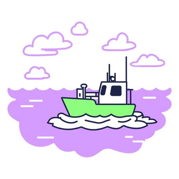 A small fishing boat is floating on the open ocean. The boat has a simple design with a cabin and fishing gear visible on the deck. The ocean stretches endlessly around the boat, with gentle waves creating a rhythmic motion. Above, the sky is expansive, with a few fluffy clouds scattered throughout. The horizon is distant, blending seamlessly with the water. The sunlight reflects off the surface of the sea, creating a shimmering effect all around the boat.