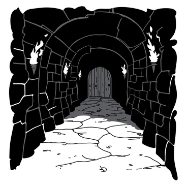 A dark corridor in a dungeon stretches into the distance, with textured stone walls surrounding it. Flickering torches are mounted on the walls, casting warm light that dances against the rough surfaces. Shadows play along the ground, creating an atmosphere of mystery. The floor is uneven, made of old stone slabs, some slightly cracked. At the far end of the corridor, a heavy wooden door can be seen, partially ajar, hinting at what lies beyond.