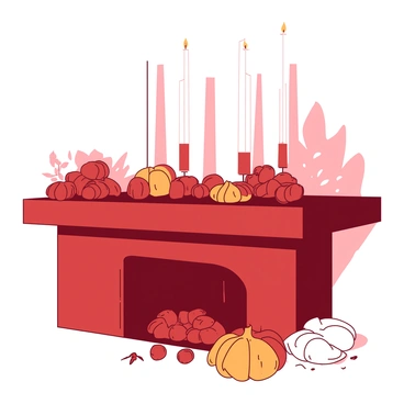 A red mantelpiece is adorned with several small brown chestnuts, arranged neatly in groups. Four white candles of varying heights are placed strategically among the chestnuts, their flames flickering softly. The light from the candles casts gentle, elongated shadows on the adjacent wall, creating a warm ambiance. The wall itself is a soft shade, enhancing the cozy atmosphere of the scene. In the background, there are hints of autumn leaves scattered around, adding to the seasonal feel.