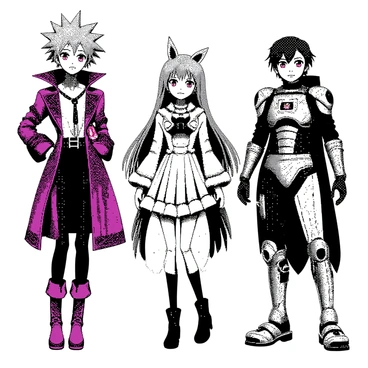A lineup of anime-style characters is standing side by side in an open space. The first character has spiky hair and wears a vibrant outfit adorned with intricate patterns, featuring a long coat and matching boots. The second character has long flowing hair and showcases a dress that is detailed with frills and ribbons, complemented by elegant accessories. The third character has short hair and sports a futuristic look with sleek armor and high-tech gadgets attached to their attire. Each character has a distinct pose that highlights their personality, with expressions ranging from confident to playful. The background captures the essence of their individual styles, enhancing the overall composition of the character lineup.