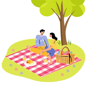 A romantic picnic setup in a park features a couple sitting on a red and white checkered blanket. The blanket is spread on lush green grass, with a wicker basket filled with various foods and drinks. There are two glasses of sparkling juice on the blanket, alongside a plate of fresh fruits. A large tree provides shade, with sunlight filtering through the leaves. The couple is relaxed, enjoying each other's company, surrounded by colorful wildflowers scattered around them.