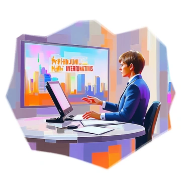 A TV news anchor with short brown hair and wearing a tailored blue suit is reading headlines from a teleprompter. The anchor has a confident expression and is gesturing slightly with one hand. The studio is vibrant, filled with large screens displaying breaking news graphics and bright colors. Behind the anchor, a city skyline is visible through a large window, and various news-related props are arranged neatly on a desk. The lighting is bright, highlighting the anchor and the studio environment.