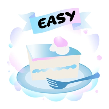A slice of cake is placed on a decorative plate. The cake has layers of pastel-colored frosting in shades of pink and blue. Next to the plate, there is a fork with an elegant handle. Above the cake, there is a large, colorful "EASY" banner. The background is filled with soft gradient pastel colors, enhancing the cheerful theme.