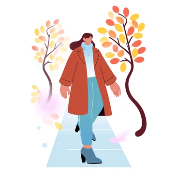 A person is walking down a sidewalk covered with colorful autumn leaves. The individual is wearing a fashionable outfit that includes a long trench coat in a rich, warm color. The coat is complemented by a knitted scarf draped around the neck. The person has on tailored pants and stylish ankle boots. Surrounding the sidewalk are trees with branches adorned with vibrant yellow, orange, and red leaves, creating a picturesque autumn scene. A gentle breeze is causing some leaves to flutter to the ground.