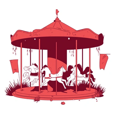 A red carousel stands still in an abandoned carnival, surrounded by overgrown grass and weeds. The carousel features several ghostly horses that are glowing softly in an eerie white light. Each horse is intricately detailed, with flowing manes and haunting expressions, as if caught in a moment of movement. The carousel's poles are rusted, and the paint is chipped and peeling, adding to the forgotten atmosphere. Broken lights dangle precariously from the edge of the carousel's roof, casting faint reflections in the soft glow of the horses. A gentle breeze stirs, rustling the nearby faded banners.