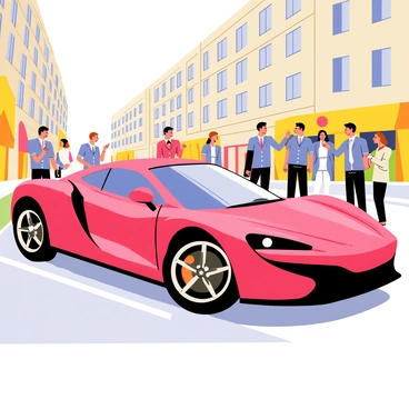 A shiny red sports car parked on a busy city street, reflecting the sunlight with its polished surface. The car has sleek lines and an aerodynamic shape, showcasing its modern design. A group of people are gathered nearby, some pointing at the car while others take photos, clearly intrigued by its presence. Tall buildings line the street, and vibrant storefronts can be seen in the background, adding to the lively atmosphere of the city.