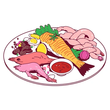 A vibrant seafood platter is artfully arranged on a large, round white plate. The platter features a variety of freshly caught fish, including a golden grilled fish fillet garnished with herbs and a bright lemon wedge. Surrounding the fish are plump, pink shrimp, glistening with a light sheen from being freshly cooked. Scattered among the seafood are glistening mussels and vibrant green seaweed. The platter is also decorated with sliced radishes for a pop of color, and a small dish of spicy red sauce is placed in the center for dipping.