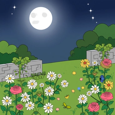 A tranquil garden filled with various colorful flowers and lush green plants. The moon is full and bright, casting a soft silver light over the scene. Numerous flowers, including daisies and roses, are blooming and gently glowing in the moonlight. The petals reflect the moon's light, creating a magical ambiance. Small butterflies are fluttering around the flowers, adding a touch of life to the serene setting. In the background, a low stone wall is covered with climbing vines, and a few twinkling stars are visible in the night sky.