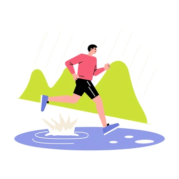 A jogger wearing a bright red shirt and black shorts is running on a wet pavement. The jogger has short black hair and wears a pair of blue running shoes. Raindrops are falling from the gray sky and creating ripples in the puddles. The jogger is splashing through a large puddle, causing water to spray in all directions. There are green trees in the background, slightly blurred by the rain.