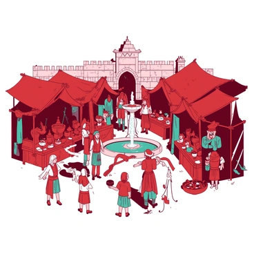 A red medieval market square is bustling with activity. Numerous stalls made of wood are set up in a semi-circle, each displaying a variety of strange artifacts such as ornate weapons, intricate pottery, and peculiar trinkets. Vibrant fabrics in shades of teal and red hang from the stalls, creating a colorful tapestry. People of different ages and backgrounds are mingling, with merchants enthusiastically calling out to attract customers. A small group of children is gathered around a stall, mesmerized by a magician performing tricks with colorful scarves. In the background, an old stone fountain adds to the lively atmosphere, with water cascading down its sides.