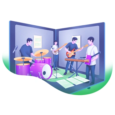 A soundproof studio filled with a band practicing. The room is equipped with various instruments, including a drum set in the corner, an electric guitar on a stand, a keyboard on a platform, and microphones set up in front of each band member. The walls are adorned with acoustic panels, and there are music sheets scattered on the floor. The band consists of a drummer, a guitarist, a bassist, and a vocalist, all focused on their performance. Ambient lighting creates a warm atmosphere, enhancing the scene of collaboration and creativity.