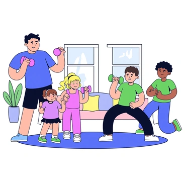 A family of four is in their living room, engaging in light dumbbell exercises. The father, wearing a blue t-shirt and black shorts, is lifting a small dumbbell in his right hand. The mother, in a pink tank top and leggings, is doing bicep curls with matching pink dumbbells. A young girl, dressed in a purple t-shirt and shorts, is mimicking her mother's movements with a tiny set of dumbbells. The older brother, wearing a green shirt, is doing shoulder presses with a pair of green dumbbells. The room is bright and airy, decorated with a few houseplants and a cozy rug on the hardwood floor.