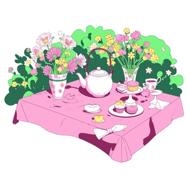 A pink table is set up in a lush green garden, surrounded by colorful flowers. On the table, there are delicate white china teacups and matching saucers, each adorned with intricate floral patterns. A silver teapot is placed in the center, reflecting the sunlight. Nearby, a small white cake stand holds an assortment of pastries, including pink macarons and yellow cupcakes with white frosting. Elegant napkins are neatly folded beside each teacup, and there are small vases with fresh flowers as centerpieces. The scene conveys a sense of charm and tranquility.