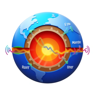 A cross-section of the Earth showcasing multiple geological layers, including the crust, mantle, outer core, and inner core. Seismic sound waves are depicted as colorful, wavy lines traveling through these layers, illustrating their movement and interaction with different materials. Each layer is labeled clearly with its name. The Earth's surface is shown at the top, with details such as mountains and oceanic features.