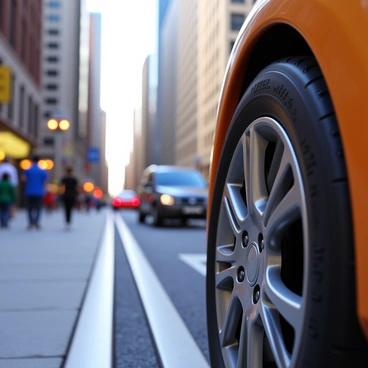 A detailed close-up of "a car wheel" in focus. The wheel features "shiny alloy rims" and "a tire with deep treads." In the background, there is a "vehicle" slowly "parking" in a "busy urban area" filled with "people walking on the sidewalk" and "cars in motion." The setting includes "tall buildings" and "streetlights," creating a typical city atmosphere.