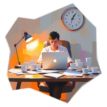 A person with medium skin tone and short hair sits at a cluttered wooden desk, surrounded by numerous empty coffee cups of various sizes and colors. The individual is focused on a laptop, typing with determination, their brow slightly furrowed. Papers and notes are scattered around the desk, indicating a busy work environment. A wall clock in the background shows late evening hours, emphasizing the urgency of meeting a deadline. A dim desk lamp casts a warm glow over the workspace, creating a contrast against the darkening room.