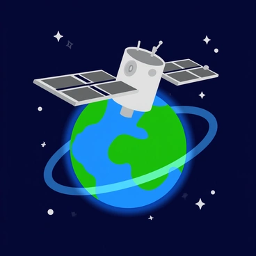 A metallic satellite with solar panels extending outward is positioned in space, orbiting a blue and green Earth below. Surrounding the Earth is a glowing, translucent bubble representing its magnetic field, illustrated with a soft, ethereal glow. The satellite's exterior has a range of antennas and instruments visible on its surface. Stars twinkle in the dark expanse of space surrounding the scene, creating a vibrant contrast. The Earth is displayed in vivid colors, highlighting its landmasses and oceans.