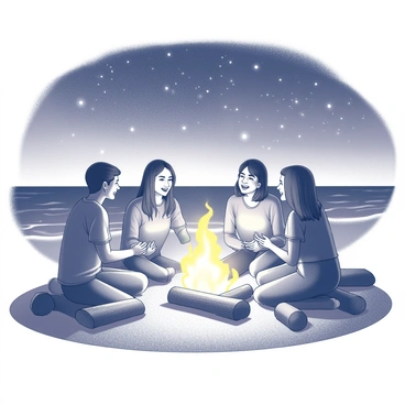 A group of five friends is gathered around a glowing bonfire on the beach. They are sitting on a spread of sand, with logs and cushions as seating. The flames cast a flickering light, illuminating their faces as they share stories. In the background, gentle waves are lapping at the shore. Above them, a starry sky is filled with countless stars twinkling brightly, slightly contrasting against the darkness of the night. The friends are engaged in laughter and conversation, creating a warm and inviting atmosphere.