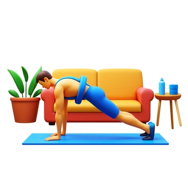 A person performing a chest press exercise using resistance bands. The individual is positioned on a yoga mat, clearly focused on the exercise. The resistance bands are anchored securely, providing tension as the person pushes forward. The cozy living room features soft lighting, a comfortable couch in the background, and a few plants placed around. A coffee table nearby holds a water bottle and a towel. The overall atmosphere suggests a personal workout space that is inviting and warm.