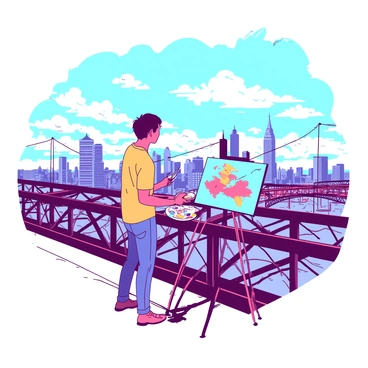 An artist is standing on the Benjamin Franklin Bridge, holding a paintbrush in one hand and a palette in the other. The artist is focused on capturing a panoramic view of the city skyline, with tall buildings visible in the distance. The bridge's steel cables and railings frame the scene, leading the viewer's eye toward the bustling city below. On the canvas, vibrant colors are being applied to reflect the lively atmosphere of the urban landscape. The sky above is filled with scattered clouds, adding depth to the scene.