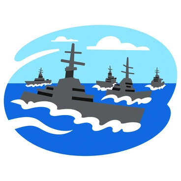 A fleet of naval ships with various sizes and designs sailing in precise formation across choppy ocean waves. Each ship features distinct characteristics, such as towering masts, large gun turrets, and sleek hulls. The ocean waves are depicted in vibrant shades of blue and white, crashing and foaming around the ships as they cut through the water. The sky above is partly cloudy, with a few rays of sunlight breaking through, illuminating the scene.