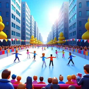 A vibrant outdoor ice rink filled with skaters enjoying a brisk sunny afternoon. The scene showcases skaters of various ages skillfully gliding across the ice. Some skaters are performing tricks, while others are joining hands and spinning in circles. Tall buildings surround the rink, reflecting the sunlight. The sky is a clear blue, and the sun casts warm rays on the ice. Colorful banners and decorations line the edges of the rink, adding to the festive atmosphere. Numerous spectators are watching, some holding cups of hot beverages.