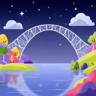 A shimmering bridge made of stars arches gracefully across the night sky. This bridge sparkles with countless tiny white stars, creating a luminous pathway. On one side of the bridge, a vibrant world is depicted with colorful flora and whimsical trees. On the opposite side, a serene landscape features gentle hills and a calm lake reflecting the moonlight. The night sky is filled with soft shades of deep blue and purple, dotted with glowing stars. Large, fluffy clouds drift lazily in the background, adding depth to the scene.