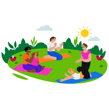 A family of four practicing yoga in a sunny backyard. The parents are in a relaxed seated position, following along with the routine. The two children are attempting the "thread-the-needle" stretch, with one child on a yoga mat and the other mimicking the pose beside them. The grass is lush and green, and there are colorful yoga mats laid out. Surrounding them are various plants and a small flower bed, enhancing the peaceful atmosphere of their outdoor practice. The sun casts soft shadows, creating a warm and inviting scene.