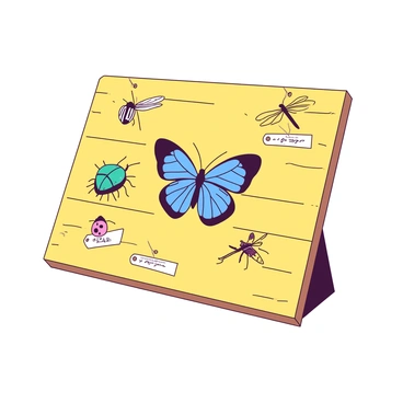 A yellow wooden display board is covered with a variety of insects pinned flat against its surface. The collection features a large blue butterfly with intricate patterns on its wings, positioned at the center. Surrounding the butterfly are several smaller insects, including a vibrant teal beetle with a glossy shell, a delicate yellow dragonfly with translucent wings, and a tiny pink ladybug with distinctive black spots. Each insect is carefully labeled with small white tags attached to their pins, providing information about their species. The arrangement of the insects is organized and aesthetically pleasing, showcasing the beauty of nature's diversity.