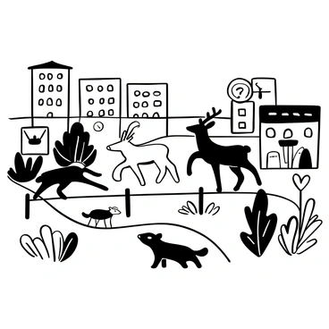 A wildlife corridor in a city environment with deer and raccoons crossing safely