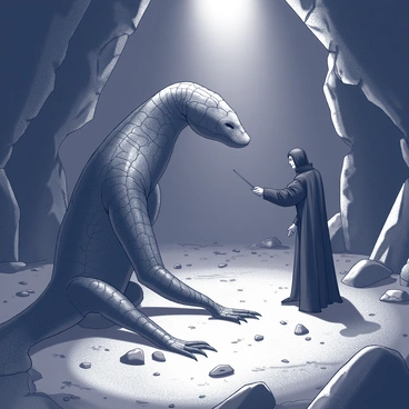 A dark cavern with rugged, uneven stone walls. The ground is littered with rocks and debris, creating an ominous atmosphere. In the center, a large basilisk with glistening scales is poised to strike, its eyes locked onto a figure standing defiantly. The figure is Severus Snape, dressed in a long black cloak, his expression resolute and focused. He holds his wand at the ready, casting a powerful spell towards the basilisk. The tension in the air is palpable as the two adversaries prepare for their confrontation. Light from an unseen source casts dramatic shadows across the cavern, highlighting the intense moment.