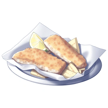 A plate featuring golden brown fried fish and crispy chips, neatly wrapped in a sheet of white paper. The fish is flaky with a crunchy batter, and the chips are thick-cut and evenly cooked. A fresh lemon wedge is placed beside the fish, ready to be squeezed over the meal for added flavor. The setting is casual, highlighting the classic presentation of this traditional dish.