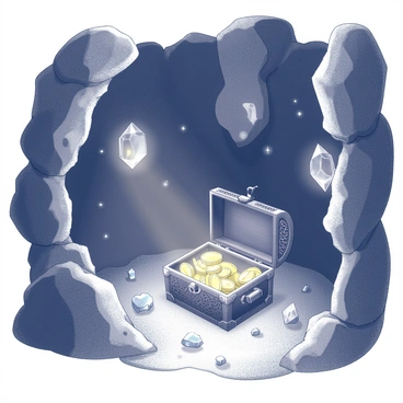 A dark cave interior with rugged, uneven rock walls. The cave is illuminated by various sparkling crystals embedded in the stone, reflecting light in different directions. In a secluded corner, a hidden treasure chest rests partially buried under a layer of sand and dirt. The chest is intricately designed, with ornate patterns on its surface, and it is slightly ajar, revealing glimpses of gold coins and dazzling gemstones inside. The atmosphere is dense with the hint of mystery and adventure.