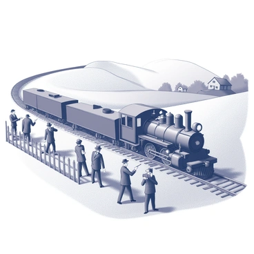 A train on a track winding through a rustic countryside setting. The train is an old-fashioned steam locomotive with vintage model cars trailing behind. In the foreground, a group of men in dark suits and fedoras, representing the mafia, are positioned strategically along the train. Some are crouched behind a nearby wooden fence, while others stand with weapons in hand, preparing to execute the robbery. The landscape includes rolling hills dotted with trees and a distant farmhouse, under a clear sky. A sense of tension is palpable as the men communicate with each other through gestures, awaiting the right moment to strike.