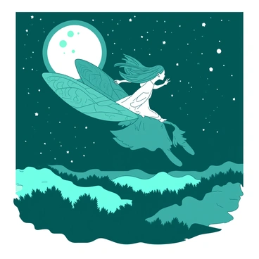 A girl with long flowing hair is riding on the back of a giant moth soaring gracefully through the night sky. The moth has large, intricately patterned wings that are a deep shade of teal, shimmering under the moonlight. Below them, the landscape is dim, bathed in the soft glow of a full moon that illuminates the night. The sky is filled with countless bright stars twinkling in shades of white, creating a magical atmosphere around them. The girl is wearing a flowing dress that catches the wind, blending beautifully with the serene night.