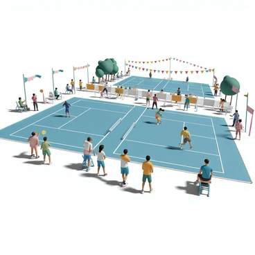 A large outdoor pickleball tournament taking place on a sunny day. Several players are actively engaged in games on multiple bright blue courts, wearing colorful athletic gear and using paddles to hit yellow pickleballs. Some players are lunging to hit the ball, while others are preparing to serve. Spectators of varying ages are gathered around the courts, cheering and holding drinks, with some sitting on folding chairs and others standing. Colorful banners and flags are visible around the venue, adding to the lively atmosphere. The background shows trees and a clear blue sky.