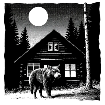 A werewolf is standing outside a rustic cabin in the woods, peering through a window. The werewolf has shaggy fur, sharp claws, and glowing eyes. The cabin is made of dark wooden logs with a slanted roof, surrounded by tall pine trees. The moonlight casts shadows, highlighting the werewolf's features as it gazes intently inside. The window panes are slightly foggy, adding a mysterious element to the scene. A full moon is visible in the night sky, illuminating the surroundings.