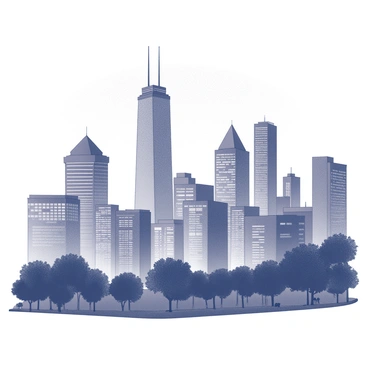 A city skyline with tall buildings and skyscrapers dominating the view. The scene is set during dusk, with the sky transitioning to the evening. The buildings display a range of architectural styles, with some featuring large glass windows. As the lights begin to turn on, the windows of the buildings glow softly against the darkening sky. In the foreground, there are silhouettes of trees and perhaps a few people walking along a path. The overall composition captures the bustling energy of the city as day turns to night.