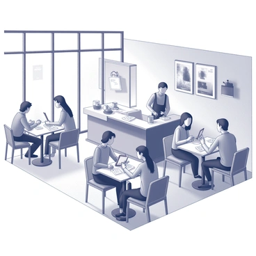 A modern café interior with sleek furniture and an open layout. Patrons are seated at various tables, focused on using tablets to create digital art. Some individuals are tapping and swiping on their screens, while others are discussing their designs with friends. The café features floor-to-ceiling windows that allow natural light to flood in, illuminating the space. A barista stands behind a counter, preparing drinks and snacks, while art prints hang on the walls, showcasing the digital creations of the customers.