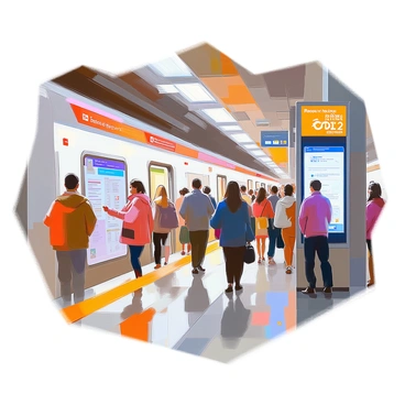 A busy metro station filled with people moving efficiently through the space. Commuters of various ages and backgrounds are seen standing in lines, waiting for trains. Some individuals are examining maps or schedules displayed on large electronic boards. Others are engaged in conversations while holding bags and briefcases. The platform is bustling, with a train doors opening and passengers boarding. There are signs that promote public transport as a way to reduce CO2 emissions, emphasizing an eco-friendly message. The architecture of the station features high ceilings and modern design elements, enhancing the sense of activity and purpose.