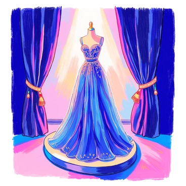 An evening gown is elegantly displayed on a mannequin. The gown features intricate beadwork and flowing fabric that cascades down to the floor. The color of the gown is a deep royal blue, contrasting beautifully with the soft spotlight illuminating it. The mannequin stands on a sleek pedestal. In the background, there are dark velvet curtains that add depth to the scene. The spotlight creates subtle shadows that highlight the gown's details.