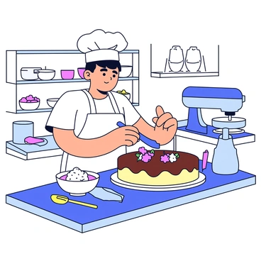 A busy baker wearing a white apron and a chef's hat stands in a bright kitchen. The baker is carefully adding decorative frosting to a large, multi-layered gateau. The gateau has a smooth chocolate icing and is adorned with fresh berries and delicate edible flowers. On the counter, there are various baking tools, such as a spatula, piping bags filled with different colored icing, and a bowl of whipped cream. The kitchen is filled with shelves lined with baking ingredients, and a mixer sits in the corner.