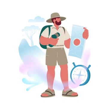 A person dressed in a safari outfit is standing confidently, holding a map in one hand and binoculars in the other. The explorer is wearing a khaki shirt and shorts, complemented by a wide-brimmed hat. The background features a stylized depiction of a savanna landscape with silhouettes of acacia trees and distant mountains. A compass is subtly included in the foreground, adding to the theme of exploration. The entire scene is infused with gradient pastel colors that create a vibrant yet harmonious atmosphere.