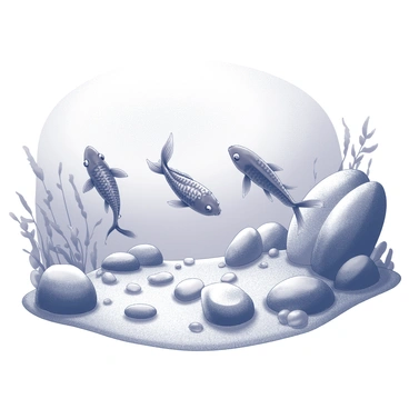A group of koi fish gracefully swimming through a rocky underwater landscape. The fish have distinct patterns and markings on their bodies. The underwater scene includes various sizes of rocks and pebbles scattered across the sandy bottom. Sunlight filters through the water, creating light reflections and shadows on the surfaces of the rocks. Seaweed and aquatic plants sway gently with the movement of the water, adding texture to the environment.