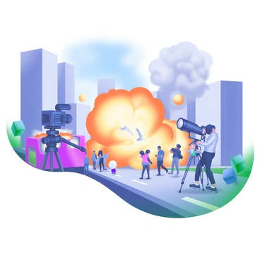 A modern pastel illustration depicting a busy city street with tall buildings and a diverse crowd of pedestrians. In the foreground, film crew members are setting up equipment, including cameras on tripods and boom microphones. In the background, there are large explosions with vibrant orange and yellow flames, creating dynamic movement. Smoke billows into the air, contrasting against the clear blue sky. Some people in the crowd are reacting with surprise and excitement, while others are captured mid-motion, hurrying away from the scene.