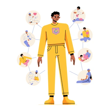 An iconic character standing in a dynamic pose, surrounded by a collage of illustration styles representing the past 50 years. The character wears a bright and colorful outfit, featuring a distinct emblem. Each section of the background showcases different styles, including bold lines and flat colors, intricate details with shading, and playful cartoon elements. The overall composition emphasizes the evolution of design while keeping the character at the center of attention.