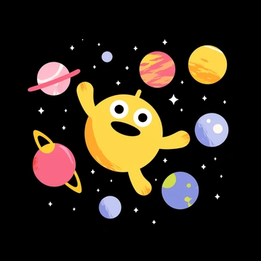 A Sprunki character with vibrant colors and exaggerated features floats in a dark cosmic background. The Sprunki has large, expressive eyes and a wide smile, with arms and legs extended as if in a joyful pose. Surrounding the Sprunki are several colorful planets of different sizes, each with unique patterns and textures. Twinkling stars sparkle against the deep space backdrop, adding a sense of depth and wonder to the scene.