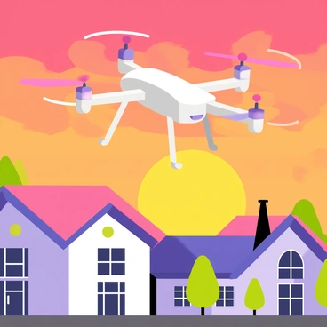 A toy drone with a sleek design and colorful propellers is flying in the foreground. It is positioned against a vibrant sunset sky filled with hues of orange, pink, and purple. Below the drone, a suburban neighborhood is visible, featuring several houses with sloped roofs and neatly trimmed lawns. Some trees are scattered throughout the neighborhood, their leaves gently swaying in the evening breeze. The scene captures the lively contrast between the technology of the drone and the warmth of the setting sun.